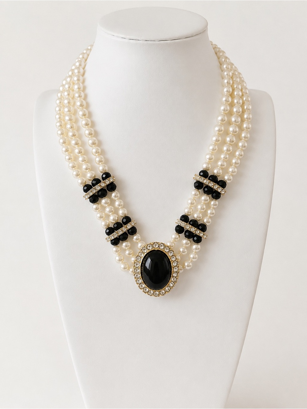 Vintage Black & Faux Pearl Multi-Strand Statement Rhinestone Cabochon Necklace